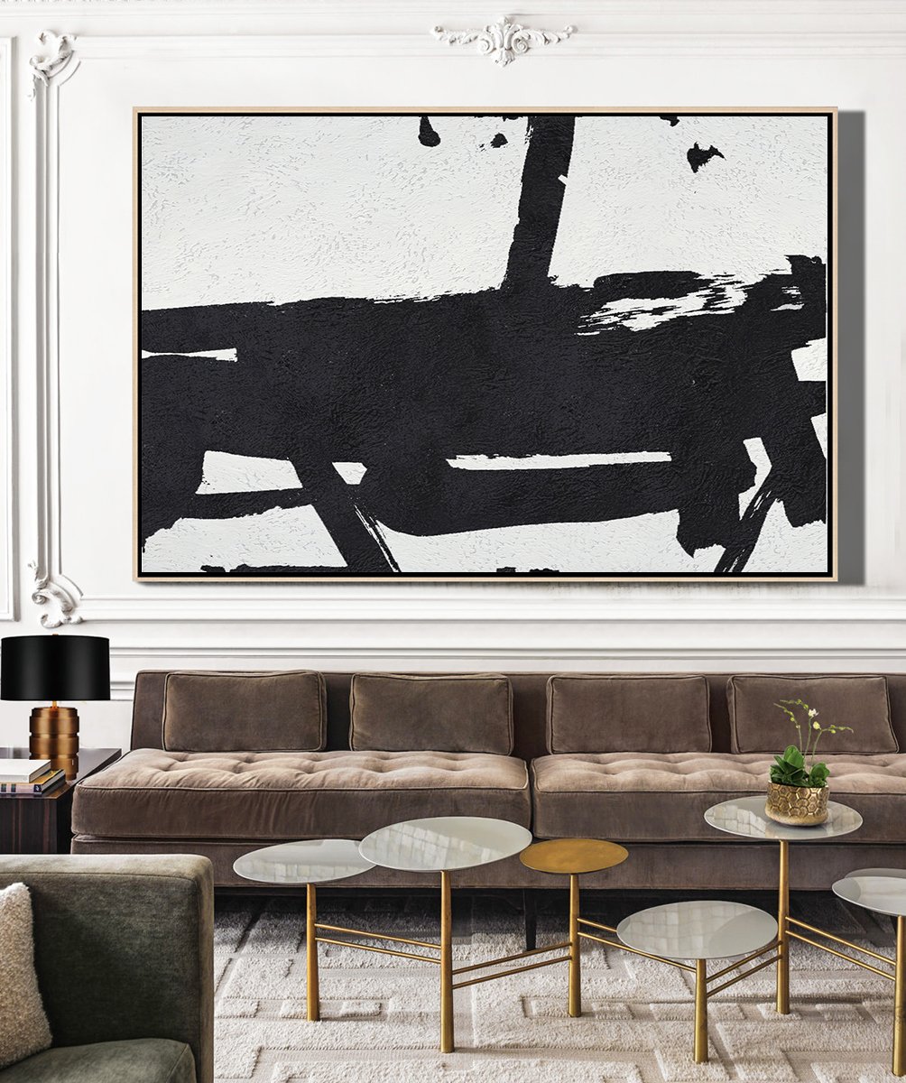 Abstract Painting On Canvas,Hand Painted Oversized Horizontal Minimal Art On Canvas, Black And White Minimalist Painting - Abstract Painting Modern Art